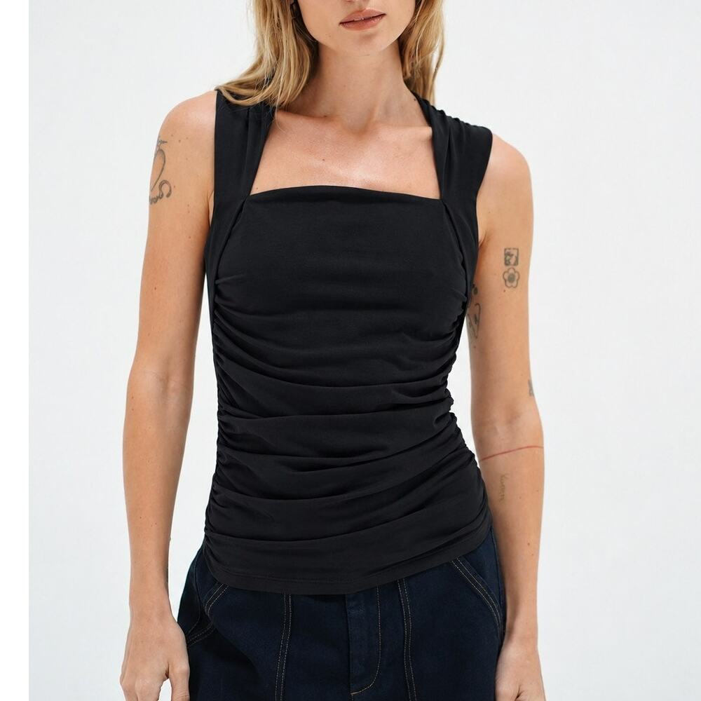 LNA Amani Tank Top SZ Medium NWT Midnight Sky Ruched Sleeveless Square Neck